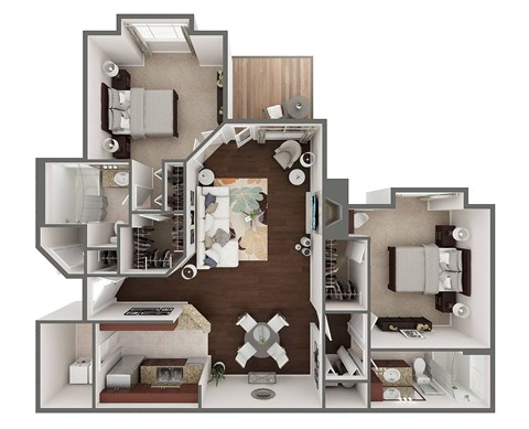 A 3D floor plan of a 2 Bed 2 Bath Floor Plan at Wynfield Trace, Peachtree Corners, GA
